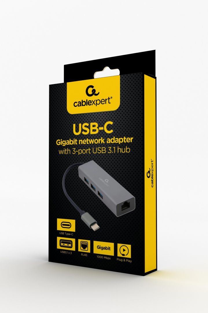 Gembird USB-C Gigabit network adapter with 3-port USB 3.1 hub Grey