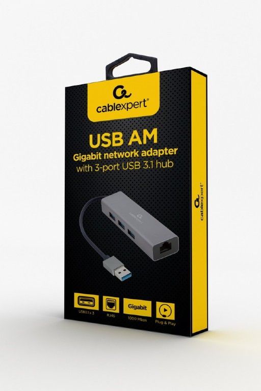 Gembird USB AM Gigabit Network Adapter With 3-port USB 3.0 Hub Grey