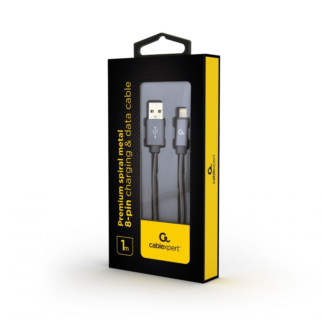 Gembird CC-USB2S-AMLM-1M-BG Lightning Premium spiral metal 8-pin charging and data cable 1m Metallic Grey