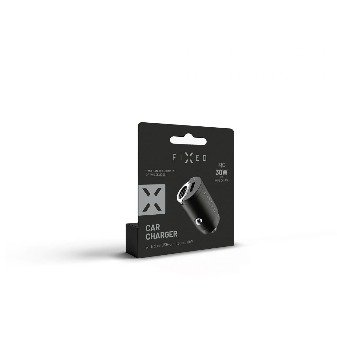 FIXED Dual USB-C autós töltő, 30W, fekete