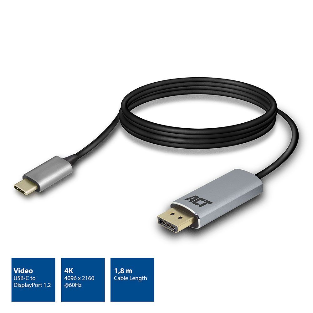 ACT AC7035 USB-C to Displayport 4K Connection Cable 1,8m Black