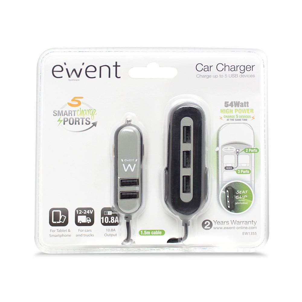 Ewent EW1355 5-Port USB Car charger 10,8A Black
