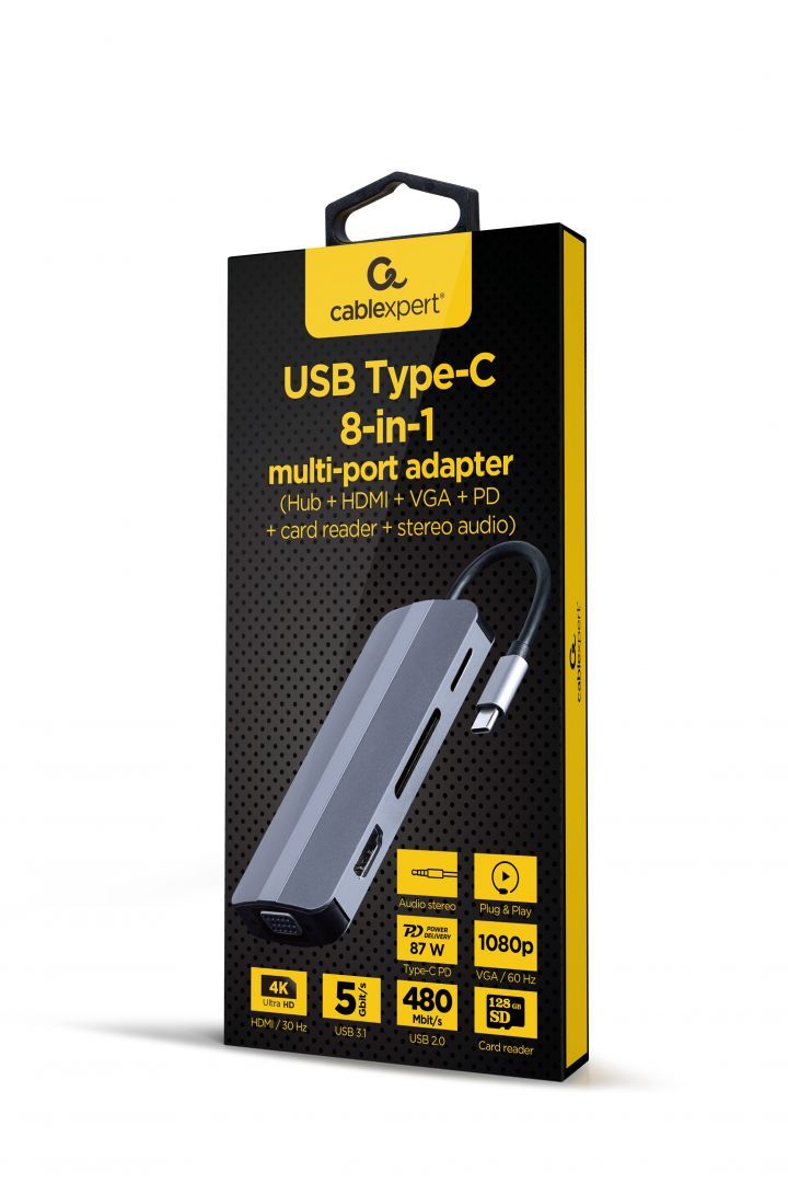 Gembird A-CM-COMBO8-02 USB Type-C 8-in-1 Multi-Port Adapter Silver