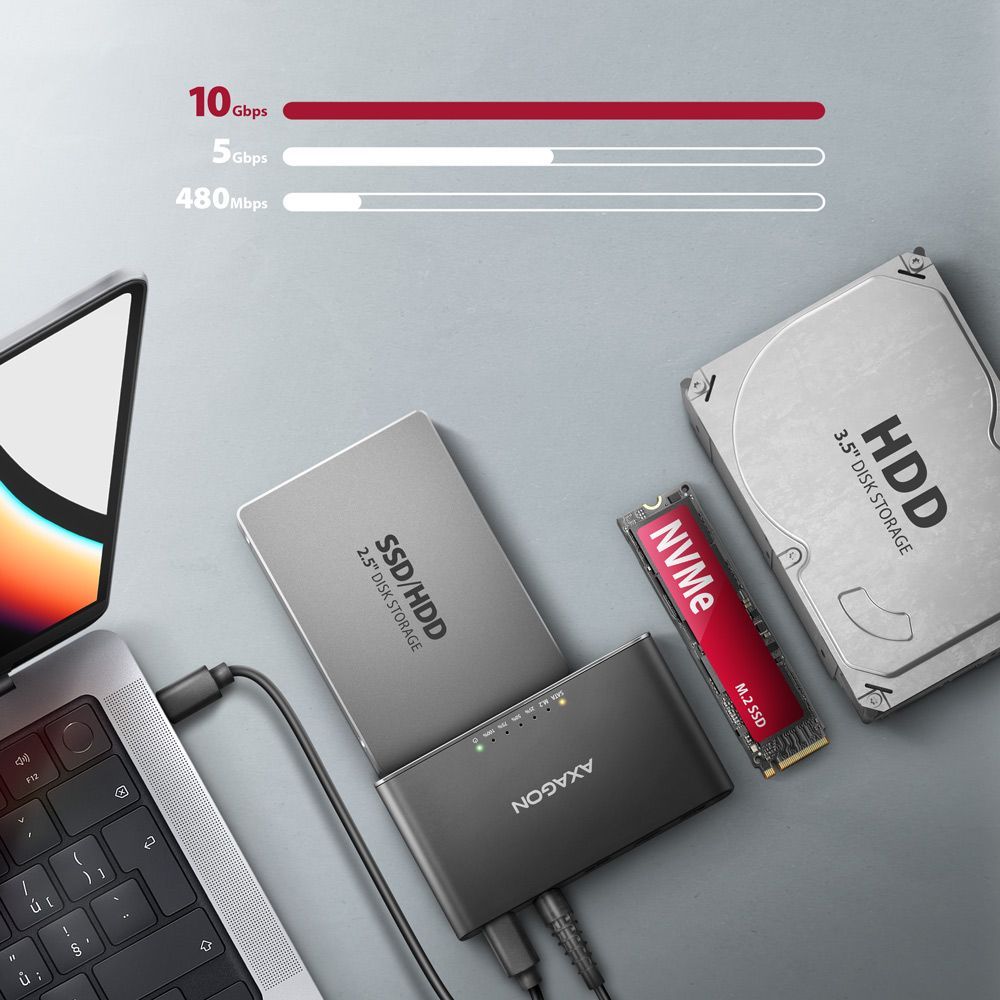 AXAGON ADSA-CC USB-C 10Gbps M.2 NVMe + SATA SSD/HDD adapter