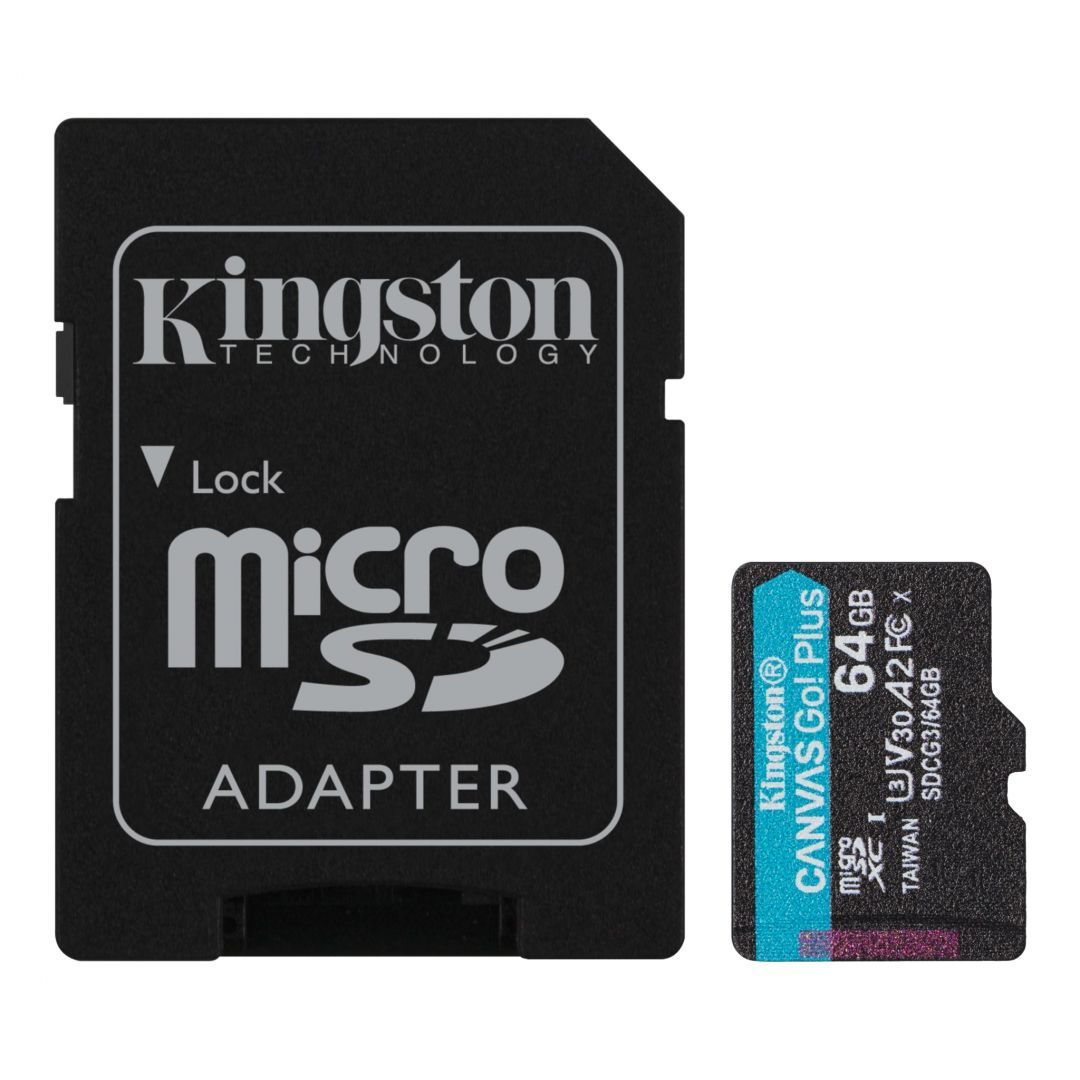 Kingston 64GB microSDXC Canvas Go! Plus Class 10 170R A2 U3 V30 Card + adapterrel