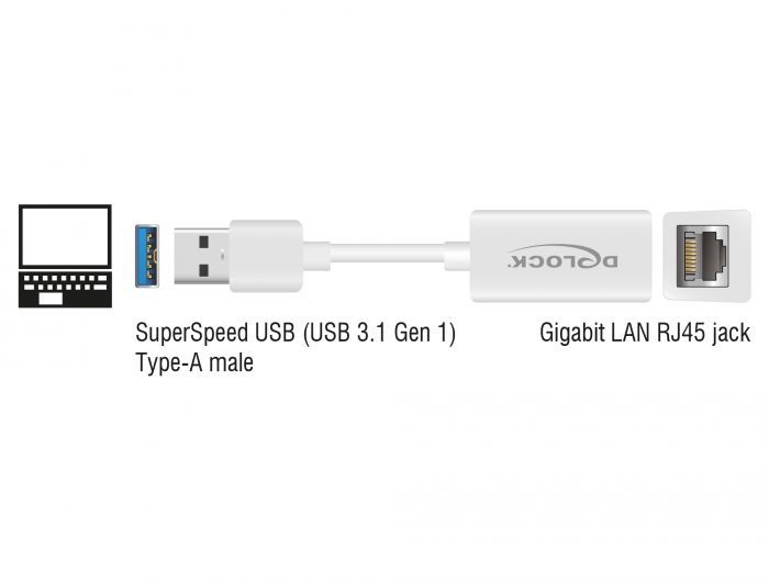 DeLock SuperSpeed USB3.2 Type-A male > Gigabit LAN 10/100/1000 Mbps compact Adapter White