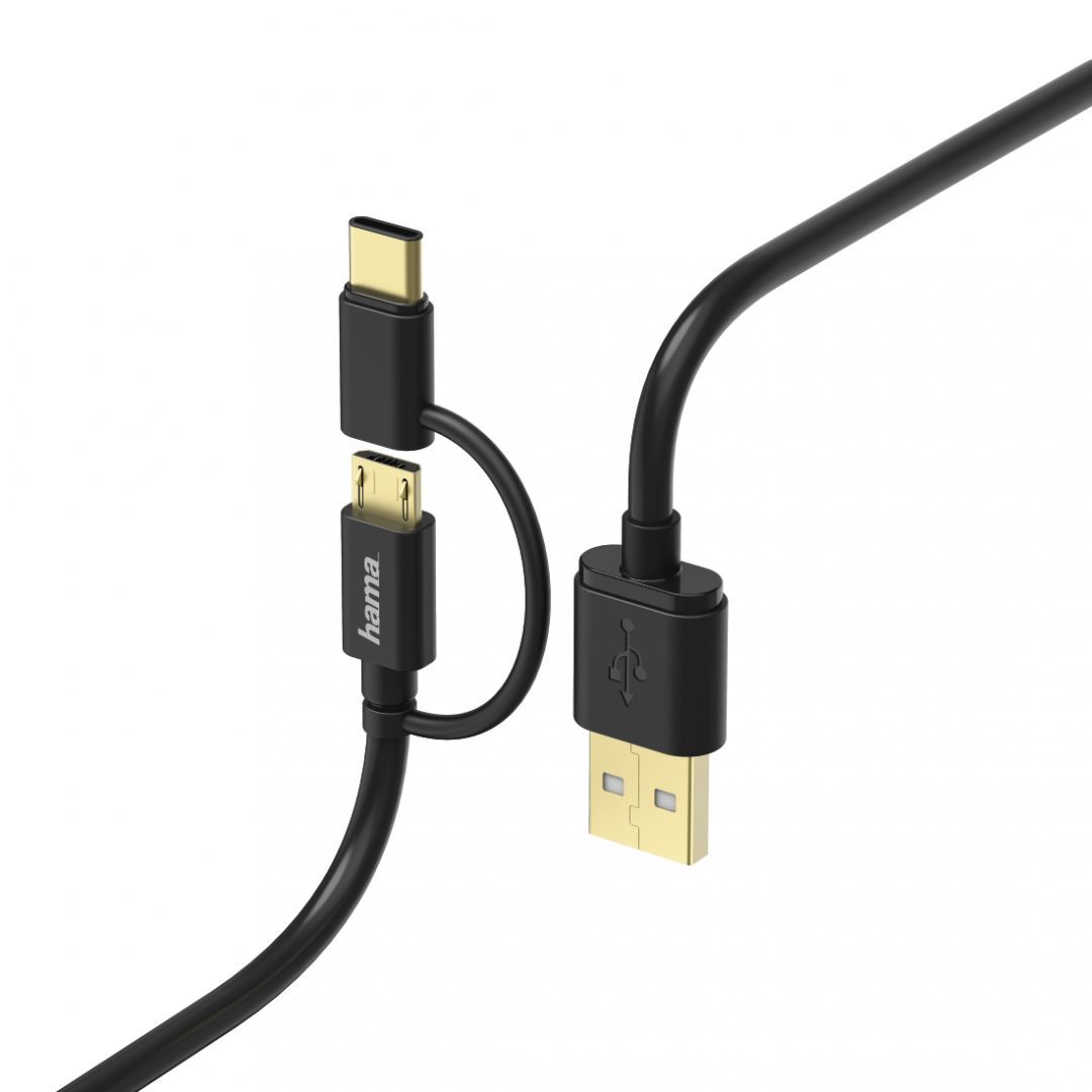 Hama 2-in-1 microUSB Cable with USB Type-C Adapter 1m Black
