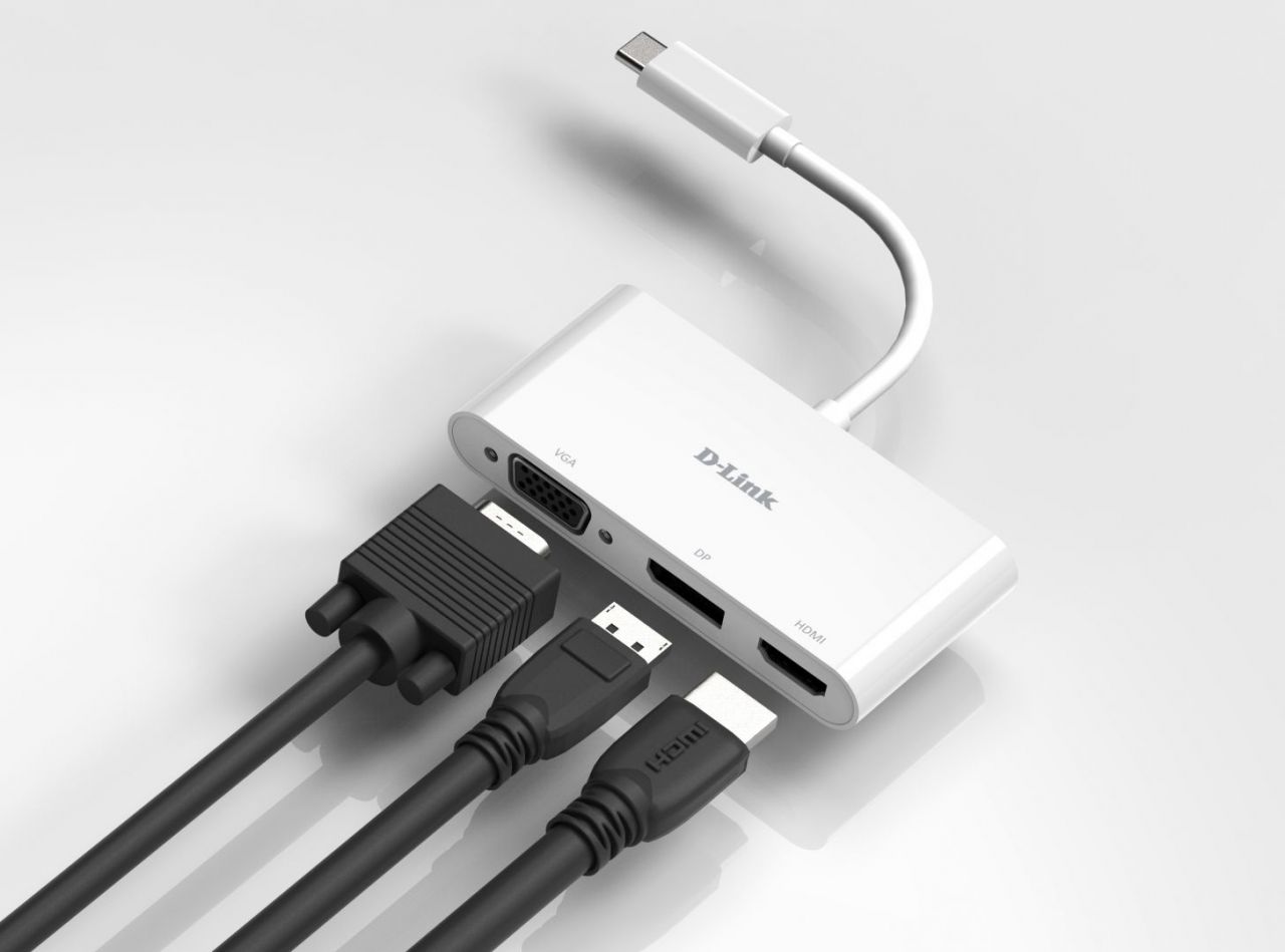 D-Link 3‑in‑1 USB‑C to HDMI/VGA/DisplayPort Adapter White