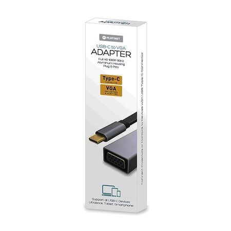 Platinet USB-C>VGA Adapter 1080p 60Hz 10cm Grey