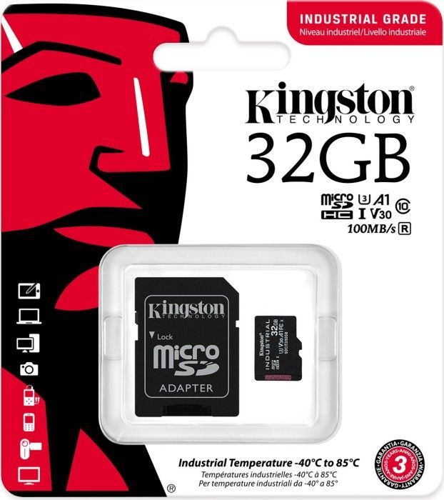 Kingston 32GB microSDHC Class 10 CL10 U3 V30 A1 Industrial + adapterrel