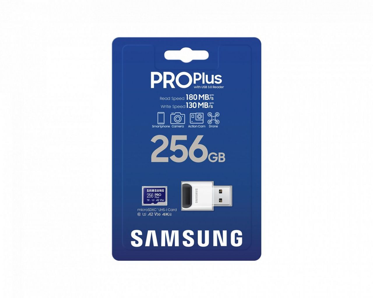 Samsung 256GB microSDXC Pro Plus Class10 U3 A2 V30 + USB adapterrel