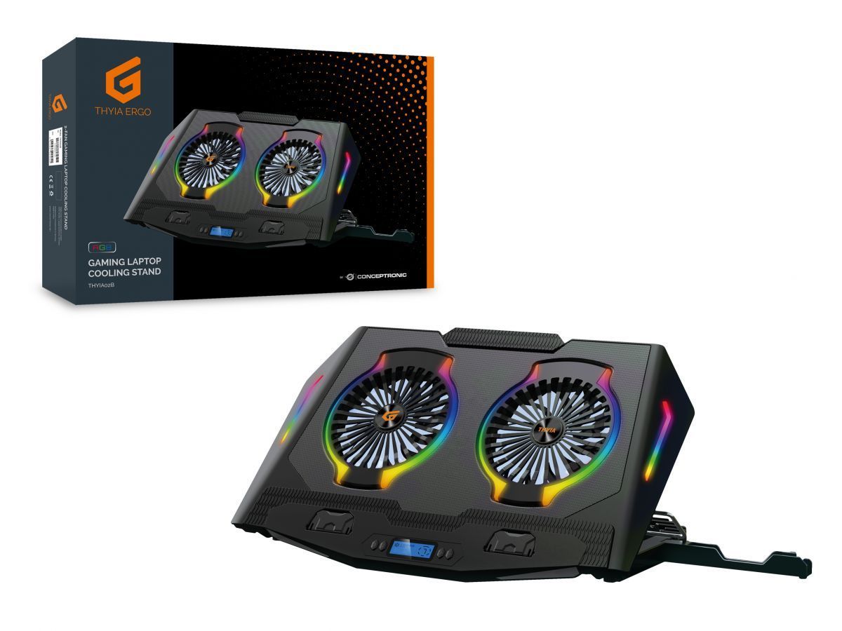 Conceptronic THYIA02B ERGO RGB 2-Fan Gaming Laptop Cooling Pad with Mobile Holder Black