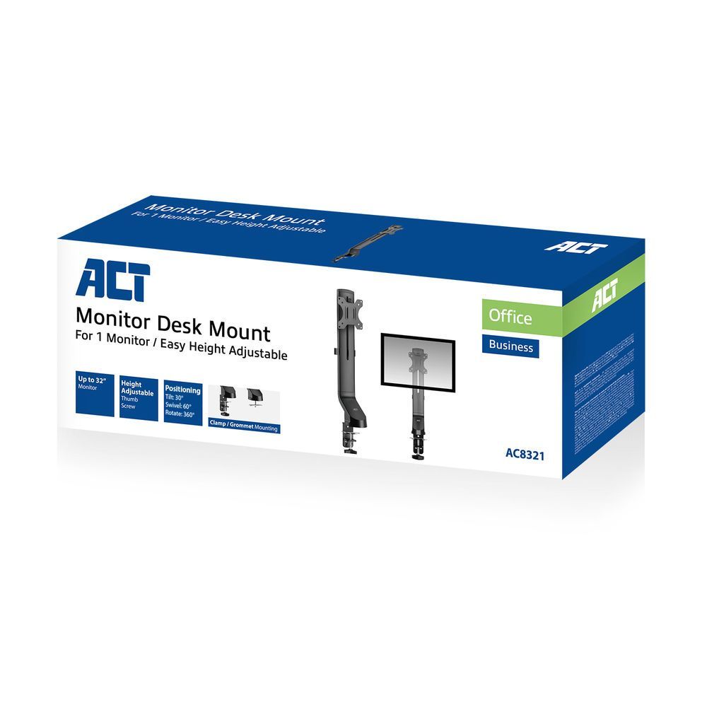 ACT AC8321 Single Monitor Arm Office Quick Height Adjustment 10"-32" Black
