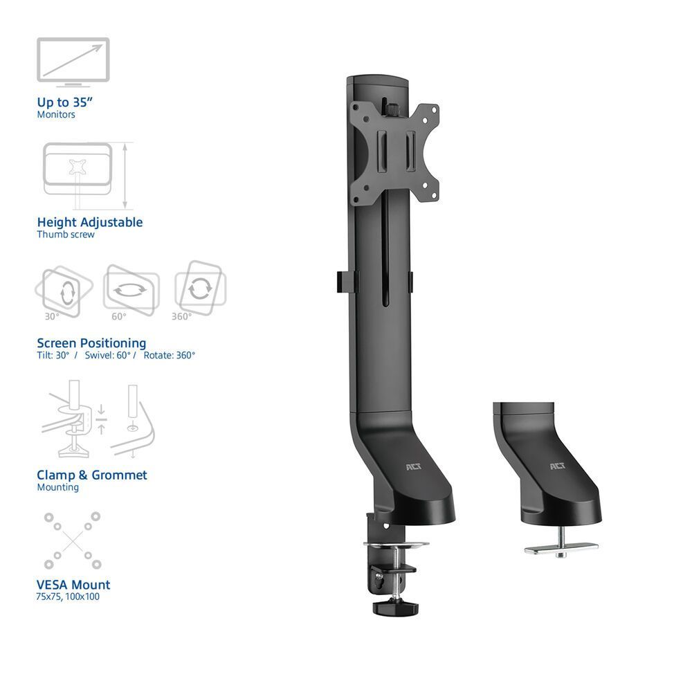 ACT AC8321 Single Monitor Arm Office Quick Height Adjustment 10"-35" Black ACT AC8321 Single Monitor Arm Office Quick Height Adjustment 10"-35" Black