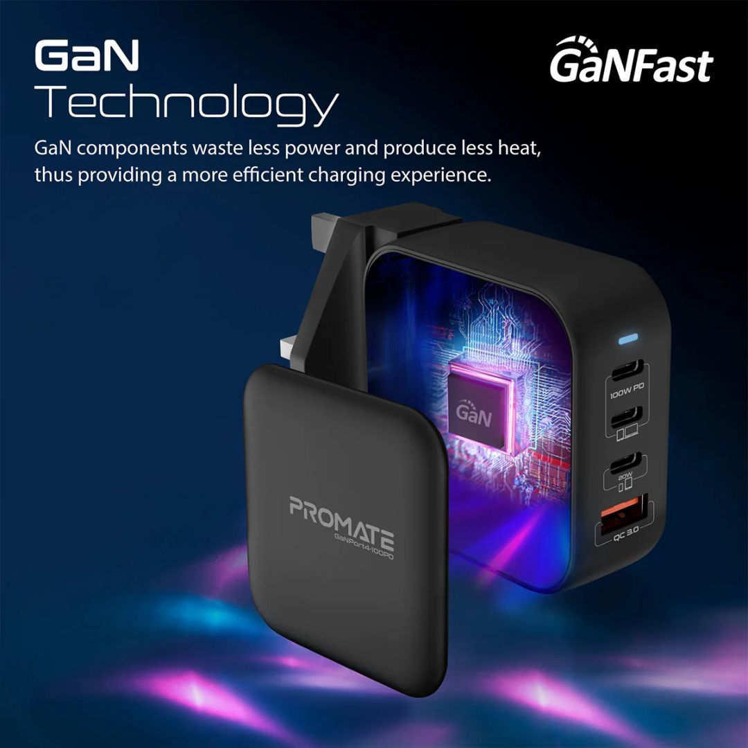 Promate GaNPort4-100PD 100W Power Delivery GaNFast Charger with Quick Charge 3.0 Black