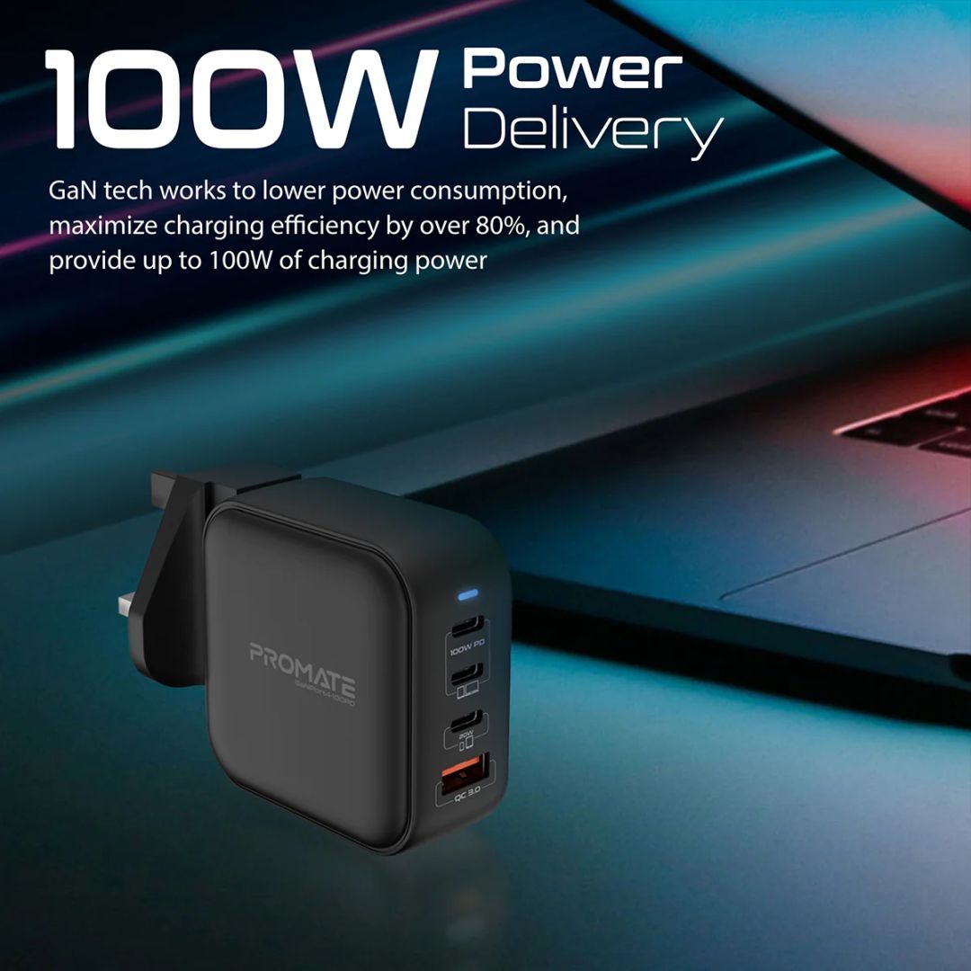 Promate GaNPort4-100PD 100W Power Delivery GaNFast Charger with Quick Charge 3.0 Black
