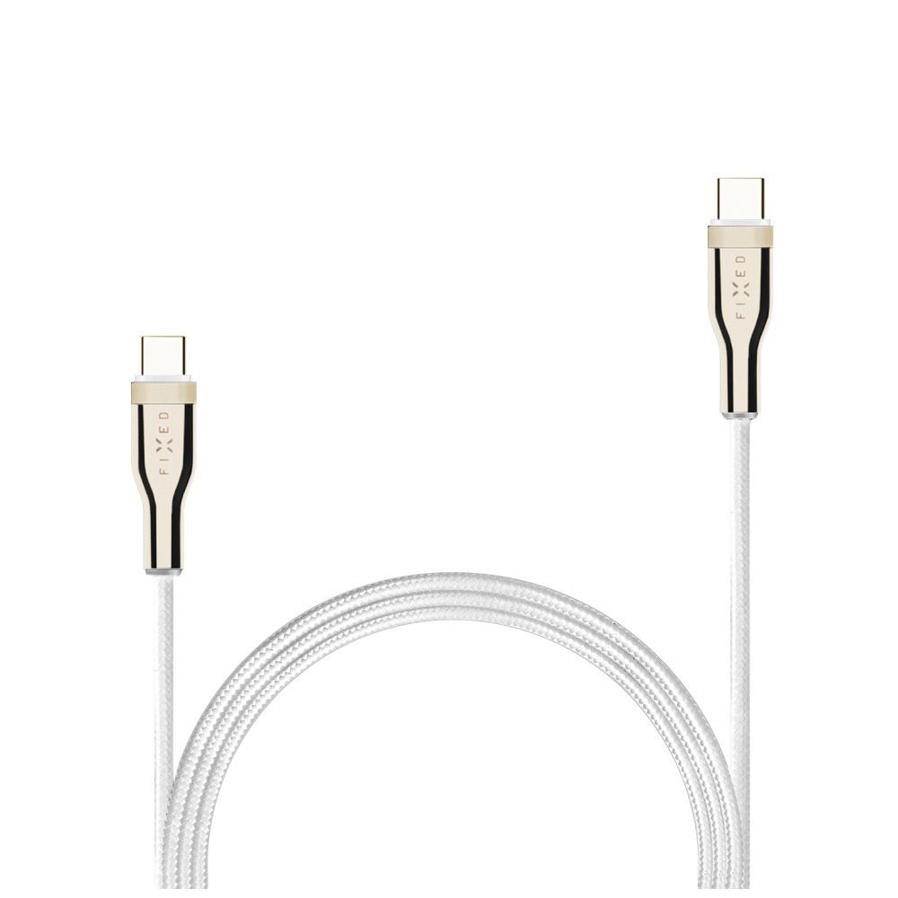 FIXED USB-C/USB-C adat- és töltőkábel, FIXDB-CC12-WH, fonott szövet borítás, 1,2m, PD 3.0, max 100W, fehér