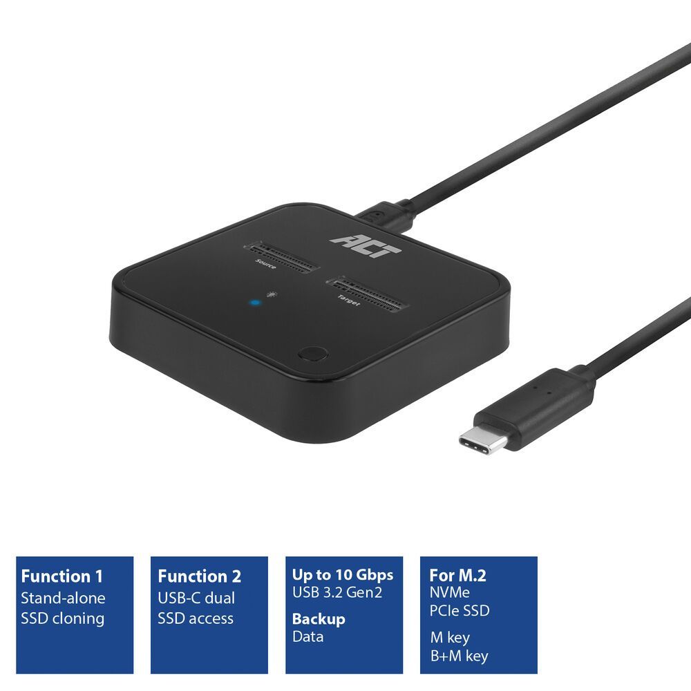 ACT AC1502 M.2 NVMe/PCIe dual SSD Docking Clone Station USB-C 3.2 Gen2 Black