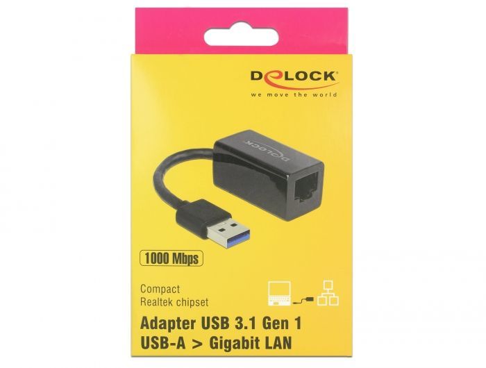 DeLock SuperSpeed USB3.2 Type-A male > Gigabit LAN 10/100/1000 Mbps compact Adapter Black