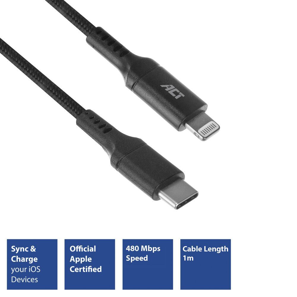 ACT AC3095 USB2.0 charging/data cable C male - Lightning male 1m Black
