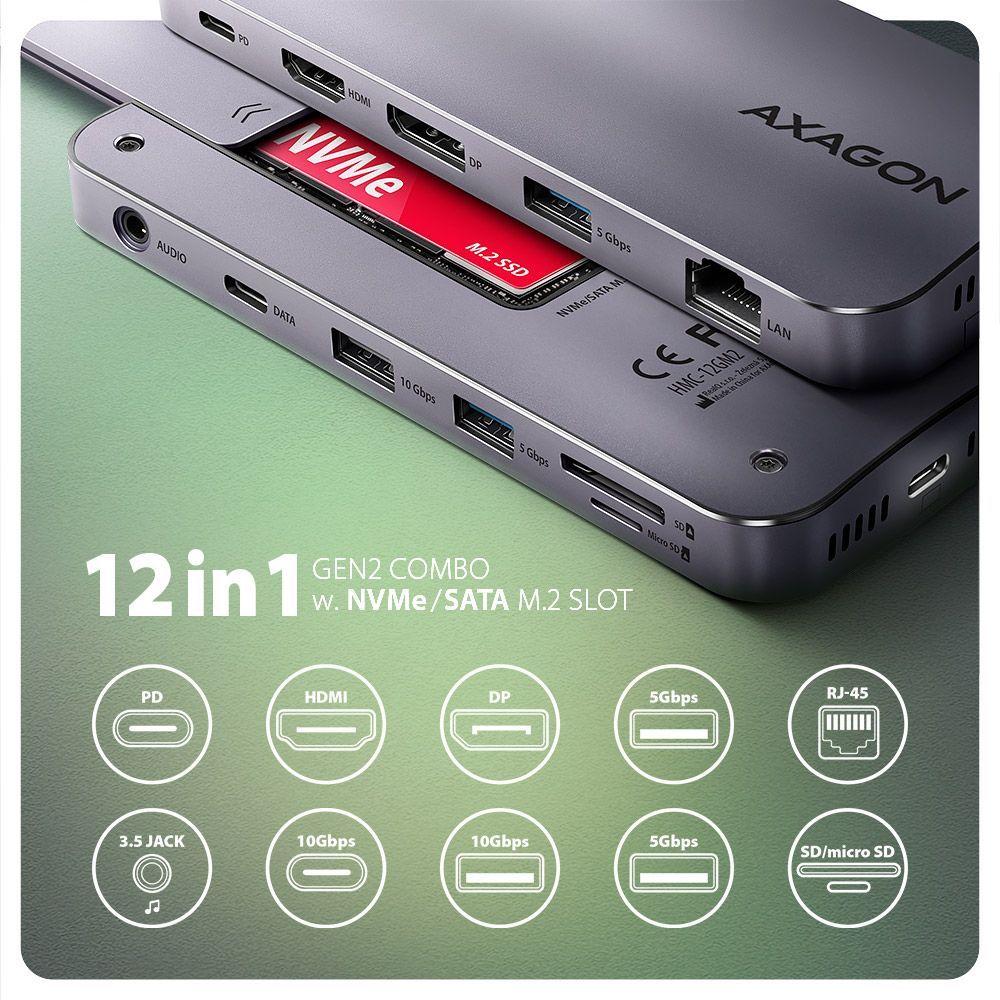AXAGON HMC-12GM2 USB-C 10Gbps GEN2COMBO 12in1 hub