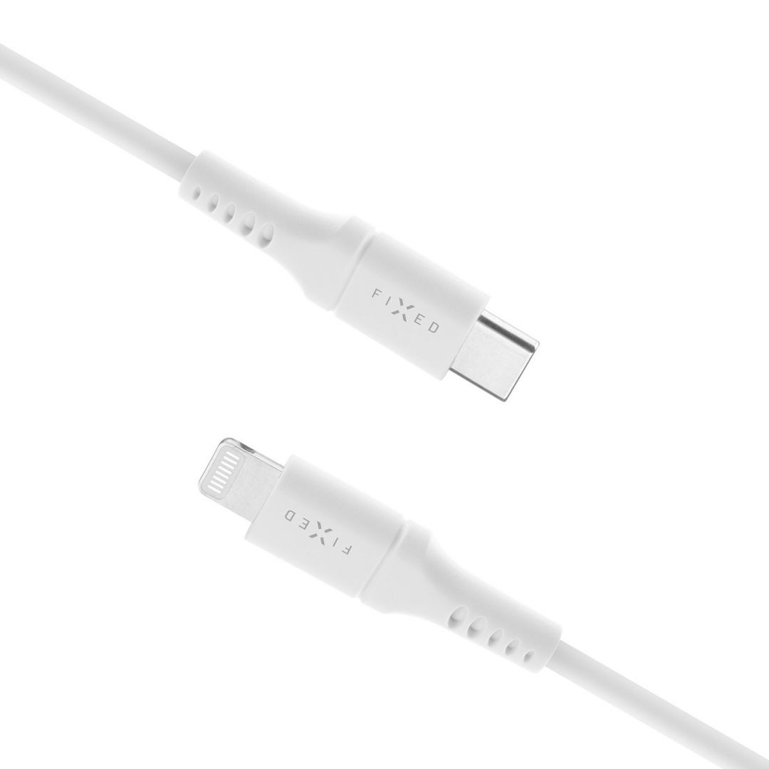 FIXED rövid szilikon töltő- és adatkábel, USB-C/Lightning csatlakozók, PD támogatás, 0,5 m, MFI, fehér