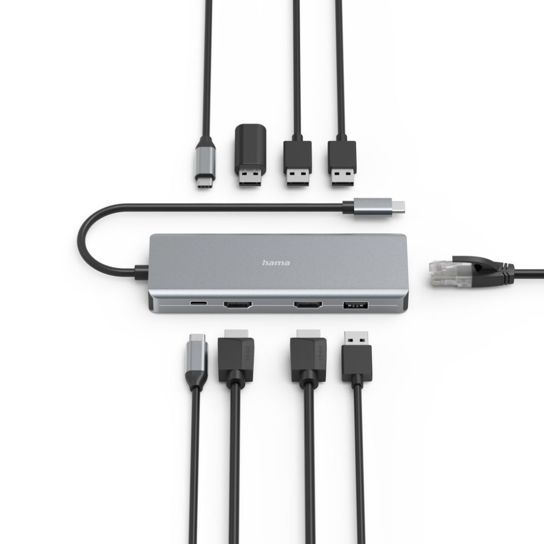 Hama FIC USB 3.1 TYPE-C,9IN1 DOKK. ADAPTER(4xUSB3.1, 2xHDMI, LAN, USB-C, PD) Grey