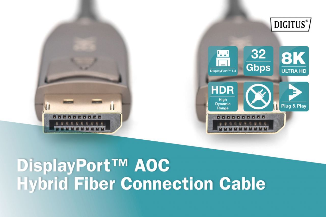 Digitus DisplayPort AOC Hybrid Fiber Optic Cable UHD 8K 30m Black