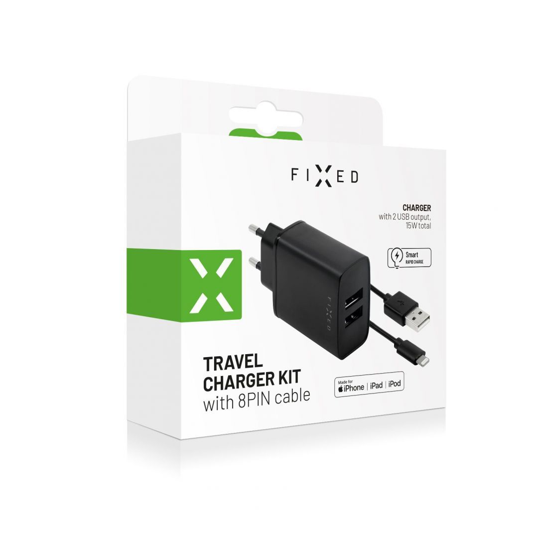 FIXED Set mains charger with 2xUSB output and USB/Lightning cable, 1m, MFI certification, 15W Smart Rapid Charge Fekete