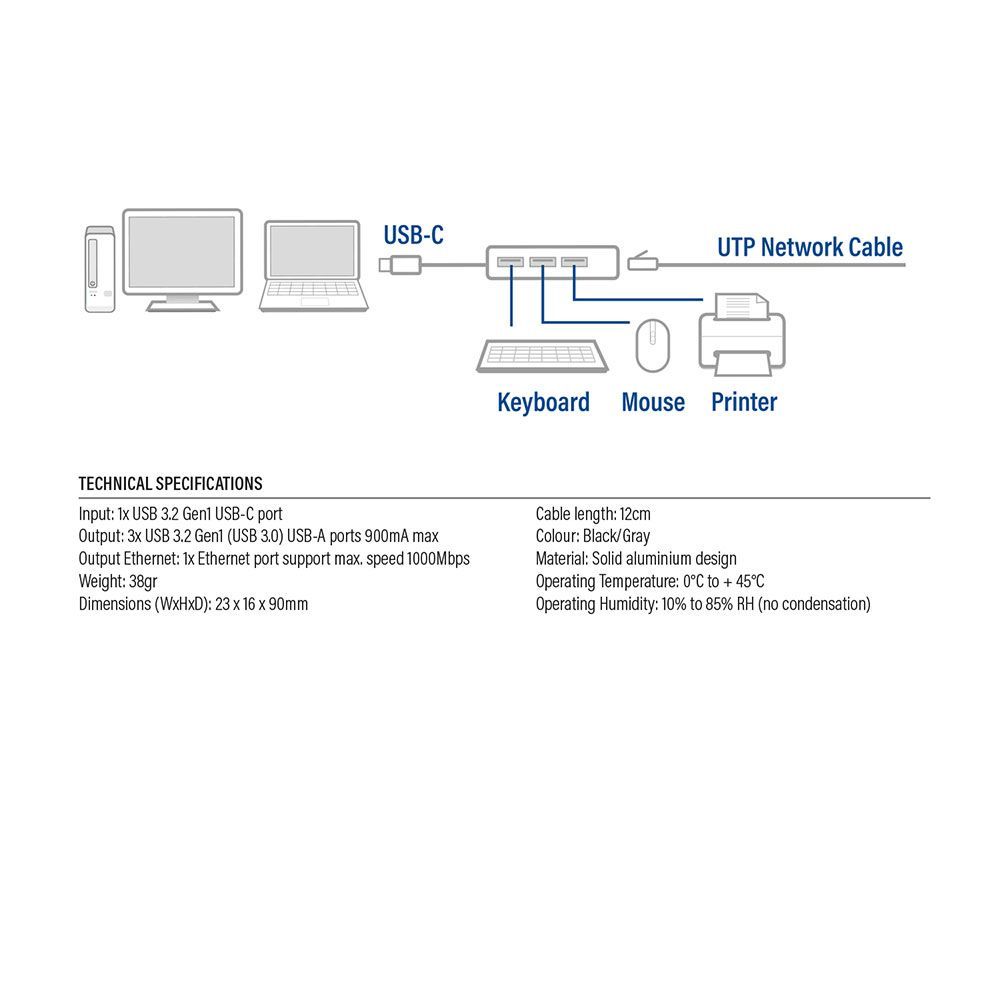 ACT AC7055 USB-C Hub 3 port with Gigabyte Ethernet Grey
