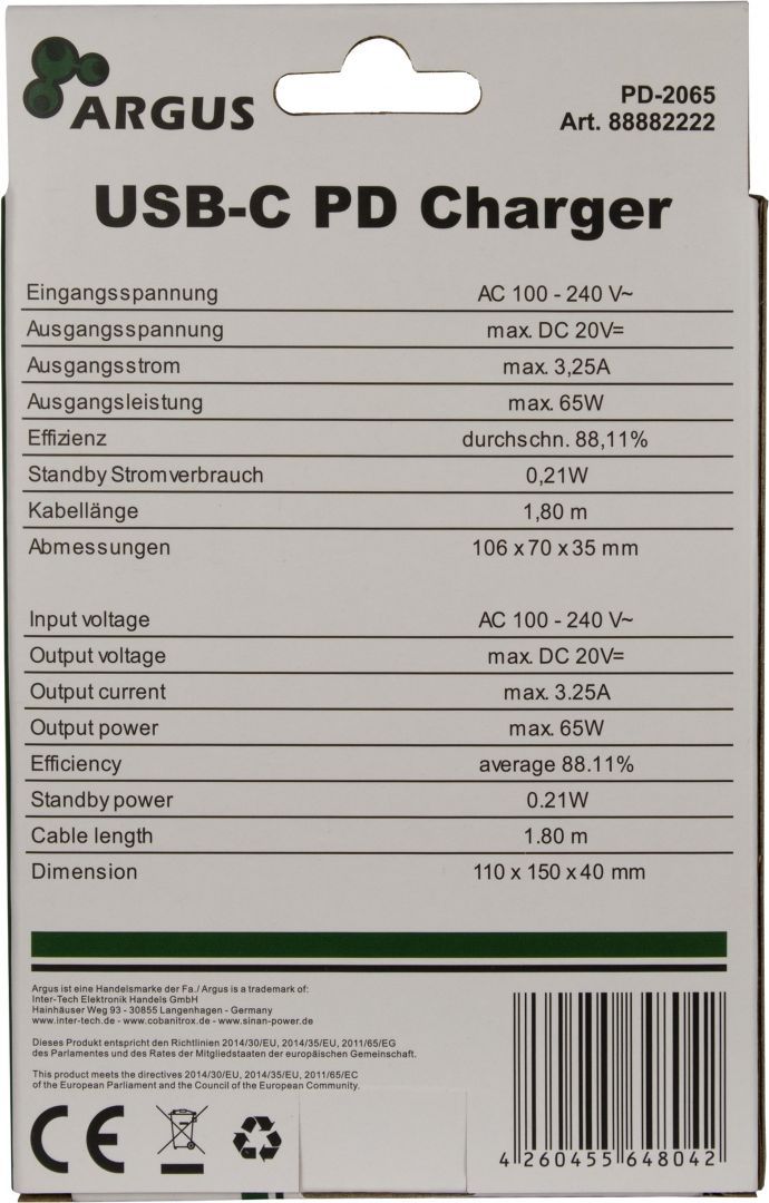 Inter-Tech Argus PD-2065 USB-C 65W PD Charger Black