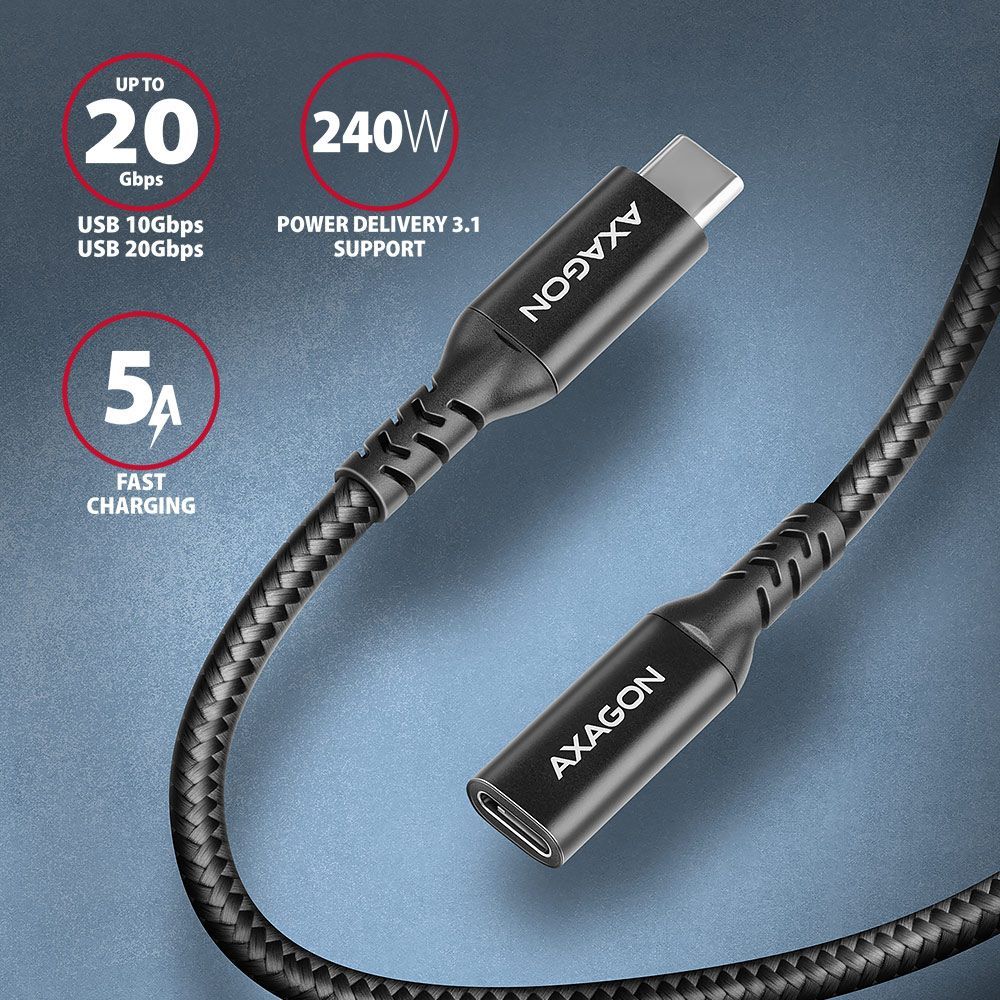 AXAGON BUCM32-CF05AB SPEED+ USB-C <> USB 20GBPS EXTENSION CABLE 0.5m Black