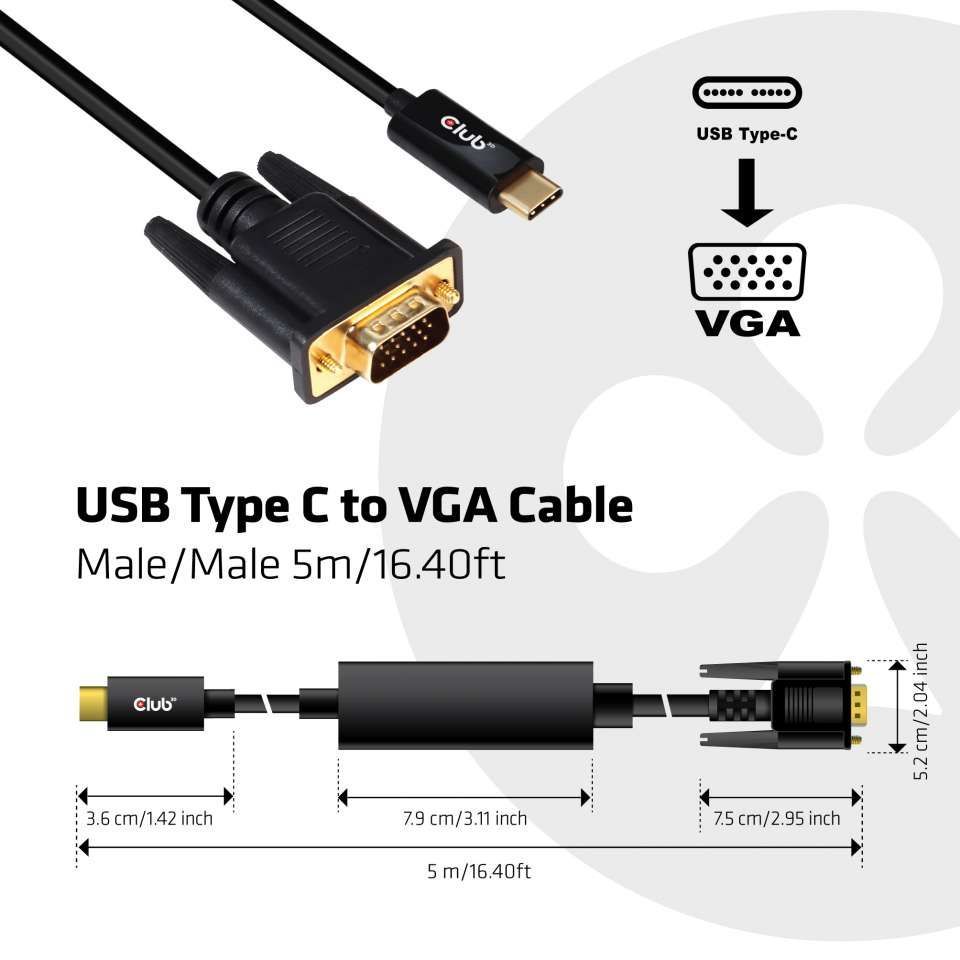 Club3D USB Type-C to VGA Active Cable M/M 5m Black