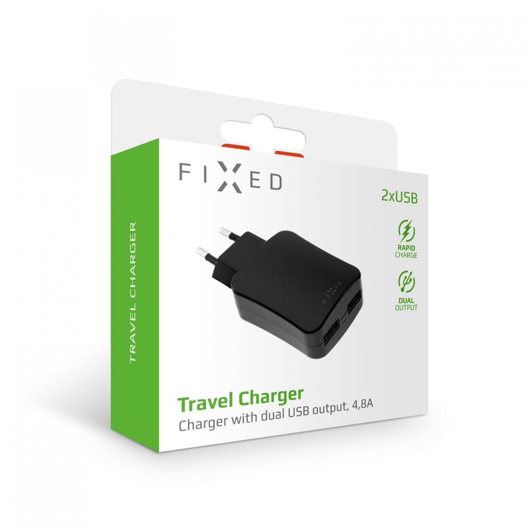 FIXED Travel charger with 2xUSB output, 24W (2x2.4A) Fekete