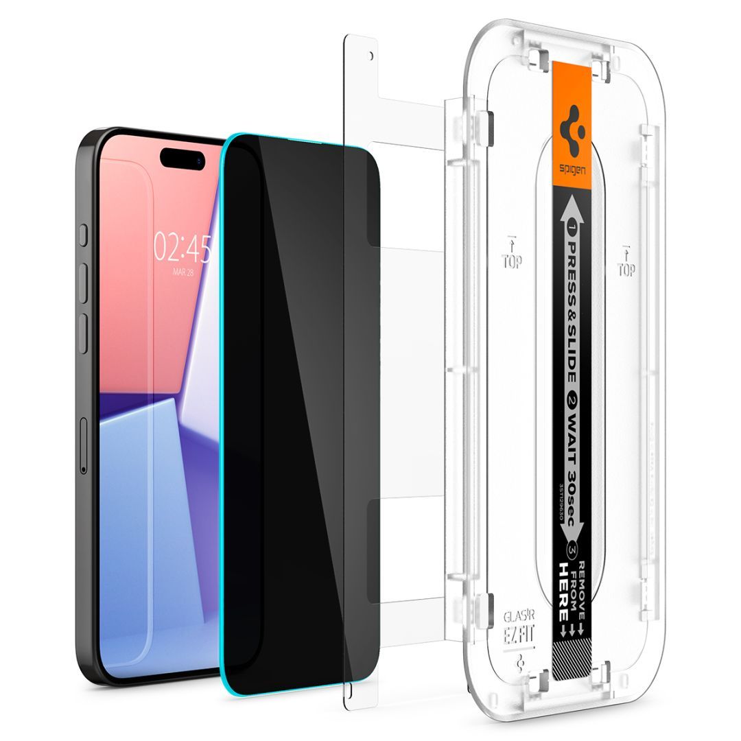 Spigen iPhone 15 Pro Screen Protector EZ FIT GLAS.tR Privacy Transparency (2 Pack)