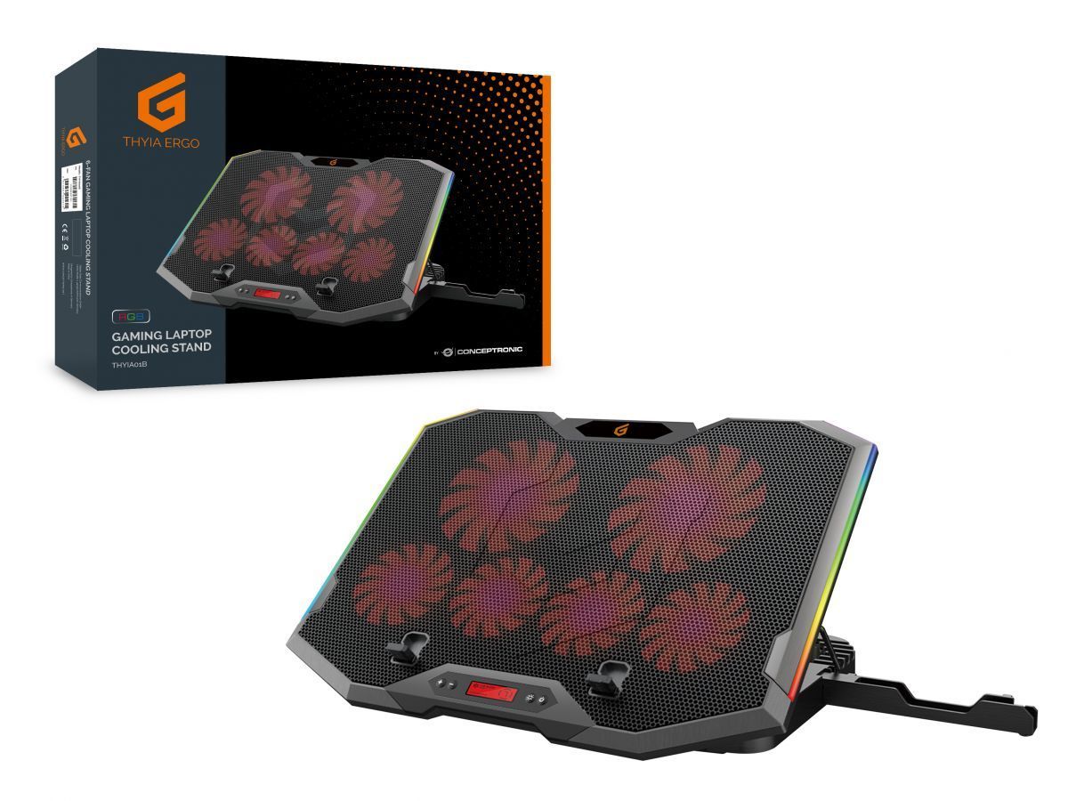 Conceptronic THYIA01B ERGO RGB 6-Fan Gaming Laptop Cooling Pad with Mobile Holder Black