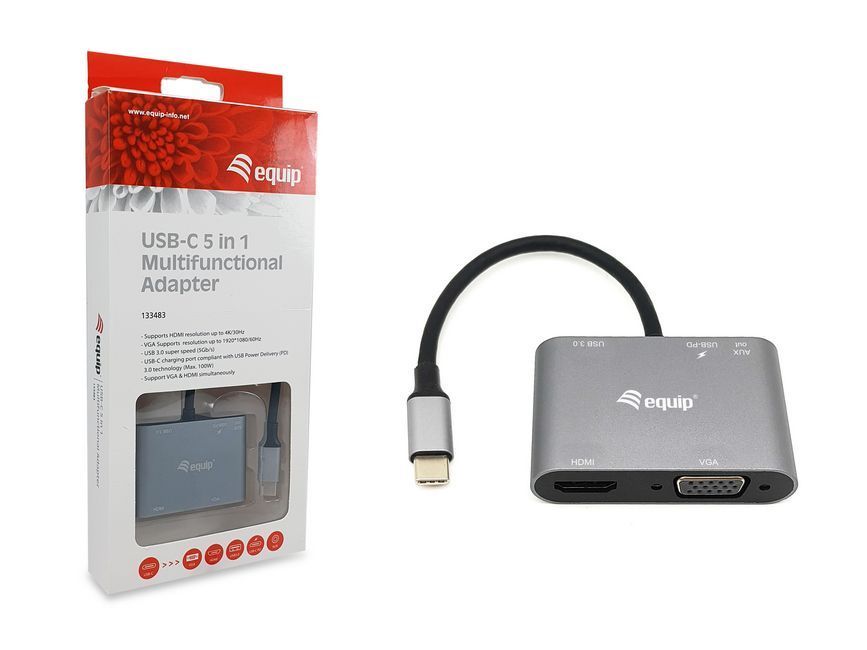 EQuip USB-C 5 in 1 Multifunctional Adapter, HDMI, VGA (HD15), PD 100W, USB3.0, AUX