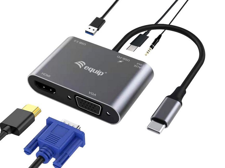 EQuip USB-C 5 in 1 Multifunctional Adapter, HDMI, VGA (HD15), PD 100W, USB3.0, AUX