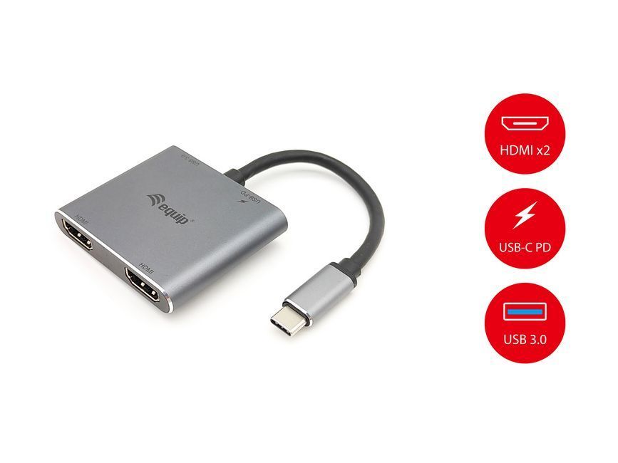 EQuip USB-C 4 in 1 Dual HDMI Adapter, USB 3.0, 100W USB PD Grey