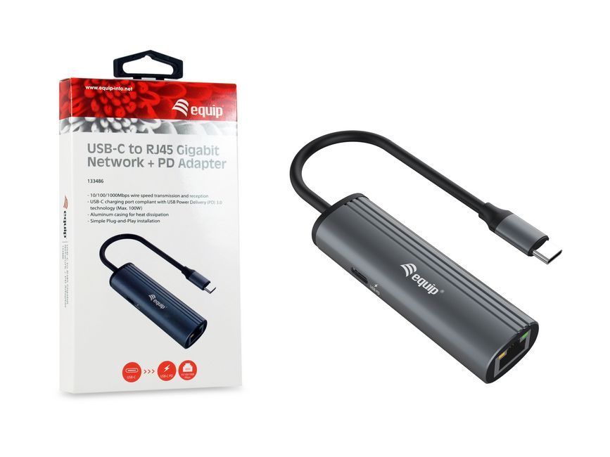 EQuip USB-C to RJ45 Gigabit Network + 100W USB PD Adapter Grey