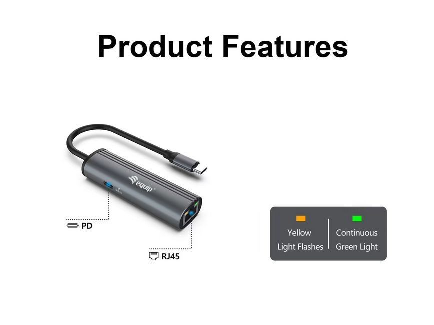 EQuip USB-C to RJ45 Gigabit Network + 100W USB PD Adapter Grey