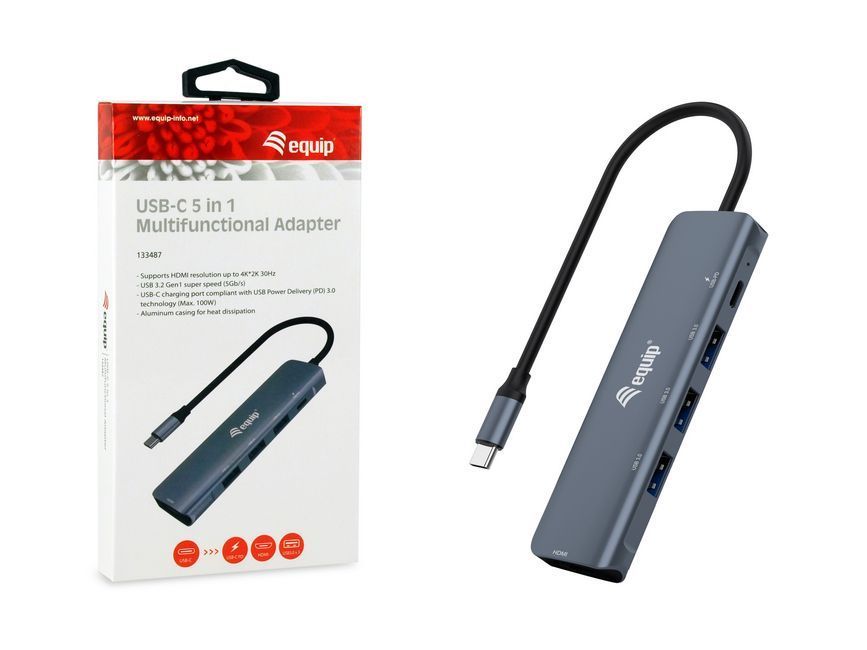 EQuip USB-C 5 in 1 Multifunctional Adapter, HDMI, USB 3.2 GEN1, 100W USB PD Grey