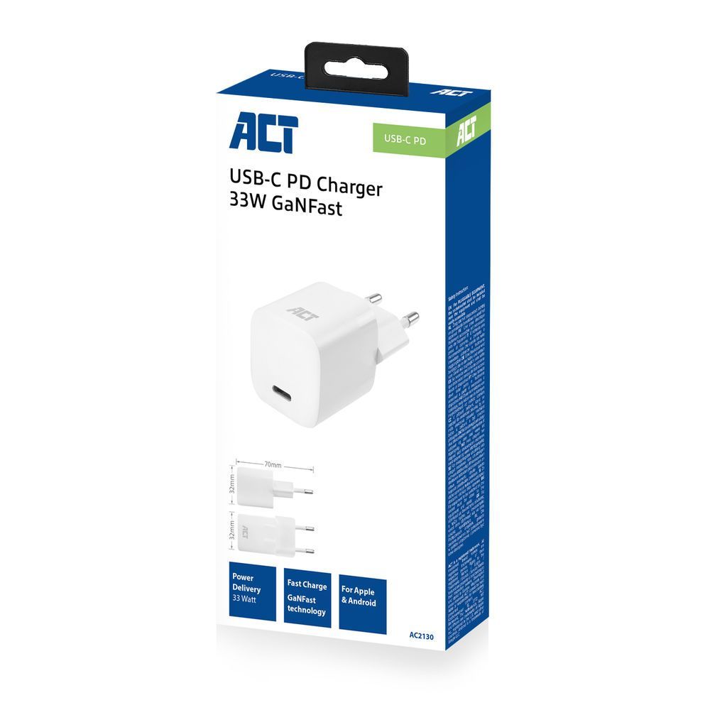 ACT AC2130 Compact USB-C Charger 33W with Power Delivery and GaNFast White