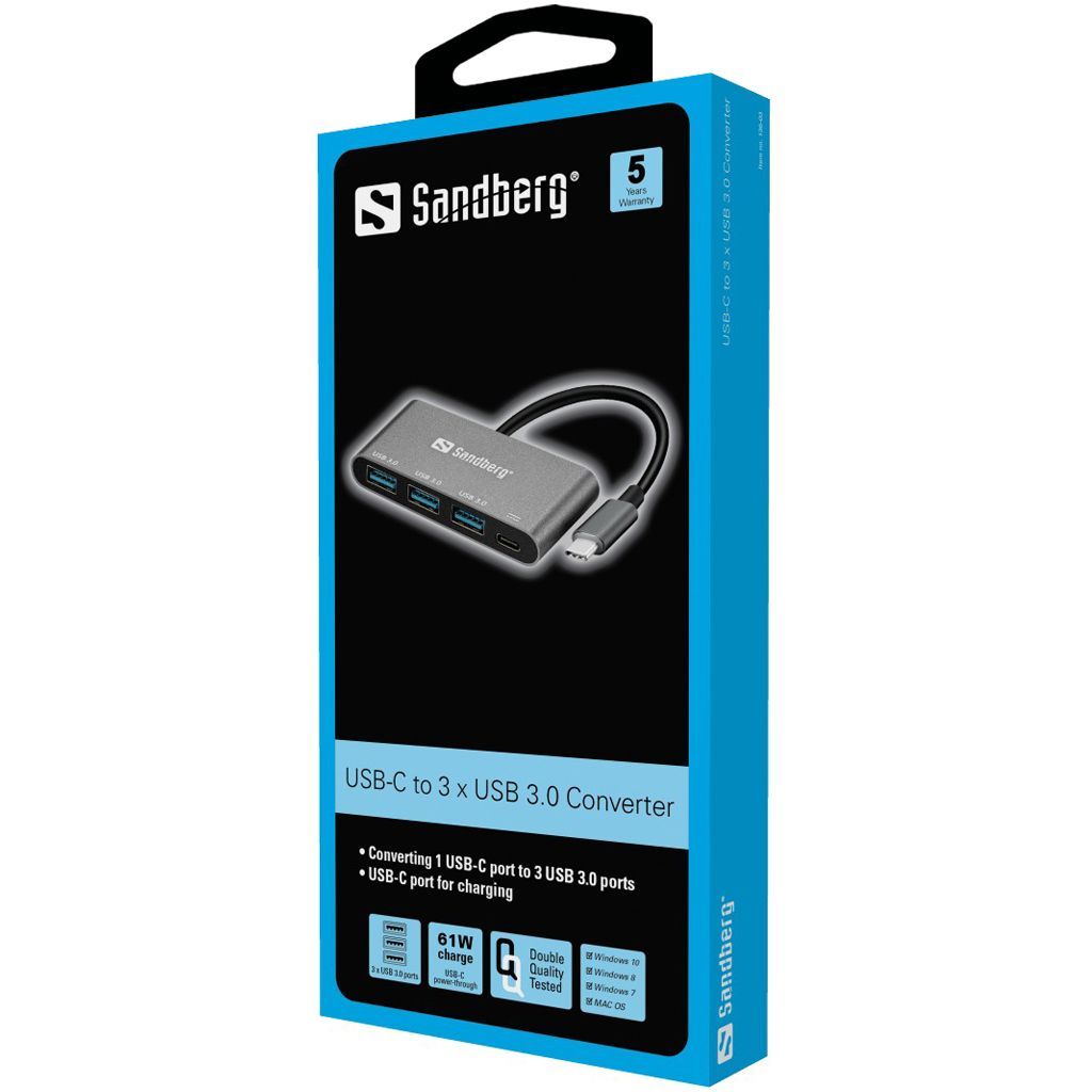 Sandberg USB-C to 3xUSB 3.0 Hub + PD Gray