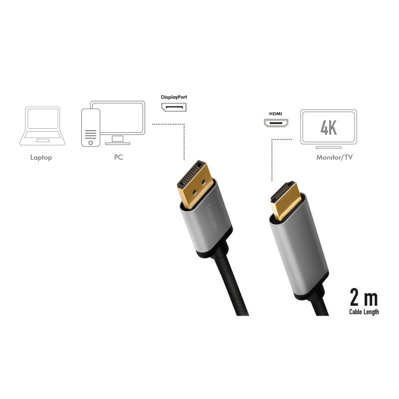 Logilink DisplayPort cable DP/M to HDMI A/M 4K/60 Hz alu 2m Black/Grey