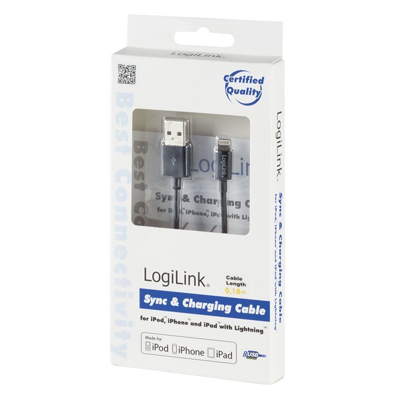 Logilink Lightning cable, Apple 8-pin/M to USB-A/M MFI 0,18m Black