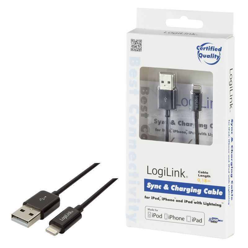 Logilink Lightning cable, Apple 8-pin/M to USB-A/M MFI 0,18m Black