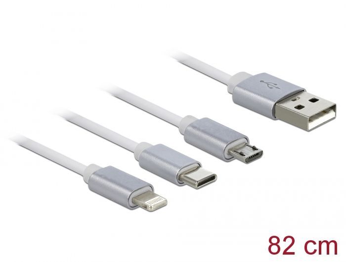 DeLock USB 3 in 1 Retractable Charging Cable for Lightning / Micro USB / USB Type-C 1m White
