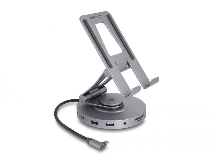 DeLock Tablet and Laptop Docking Station 4K with integrated holder - HDMI / USB / Hub / SD / Micro SD / PD 3.0 - 360° rotateable Grey