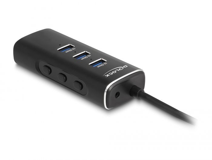 DeLock 3 Port USB 10 Gbps Hub including SD and Micro SD Card Reader with USB Type-C connector 60 cm Cable and Switch for each port Black